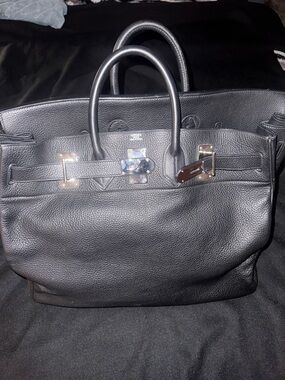 Hermes Black Textured Leather Duffel with Silver Hardware